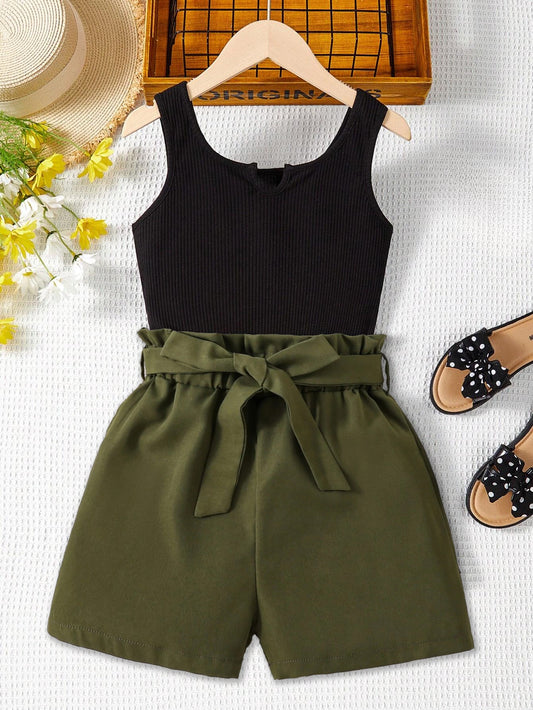 Black Ribbed Tank Top & Olive Green Paper Bag Shorts Wholesale