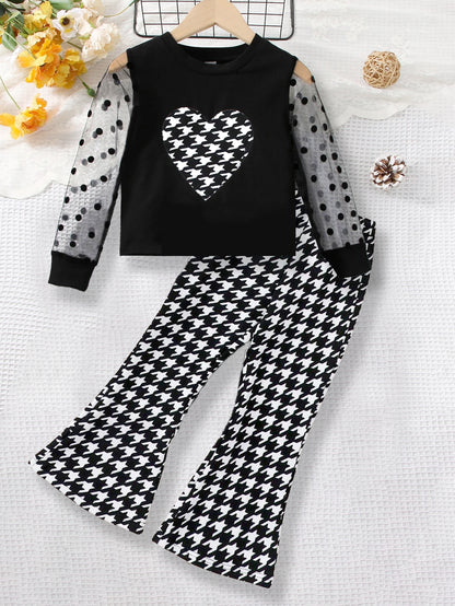 Girls' Polka Dot Mesh Sleeve Top & Houndstooth Bell-Bottom Pants Set Wholesale