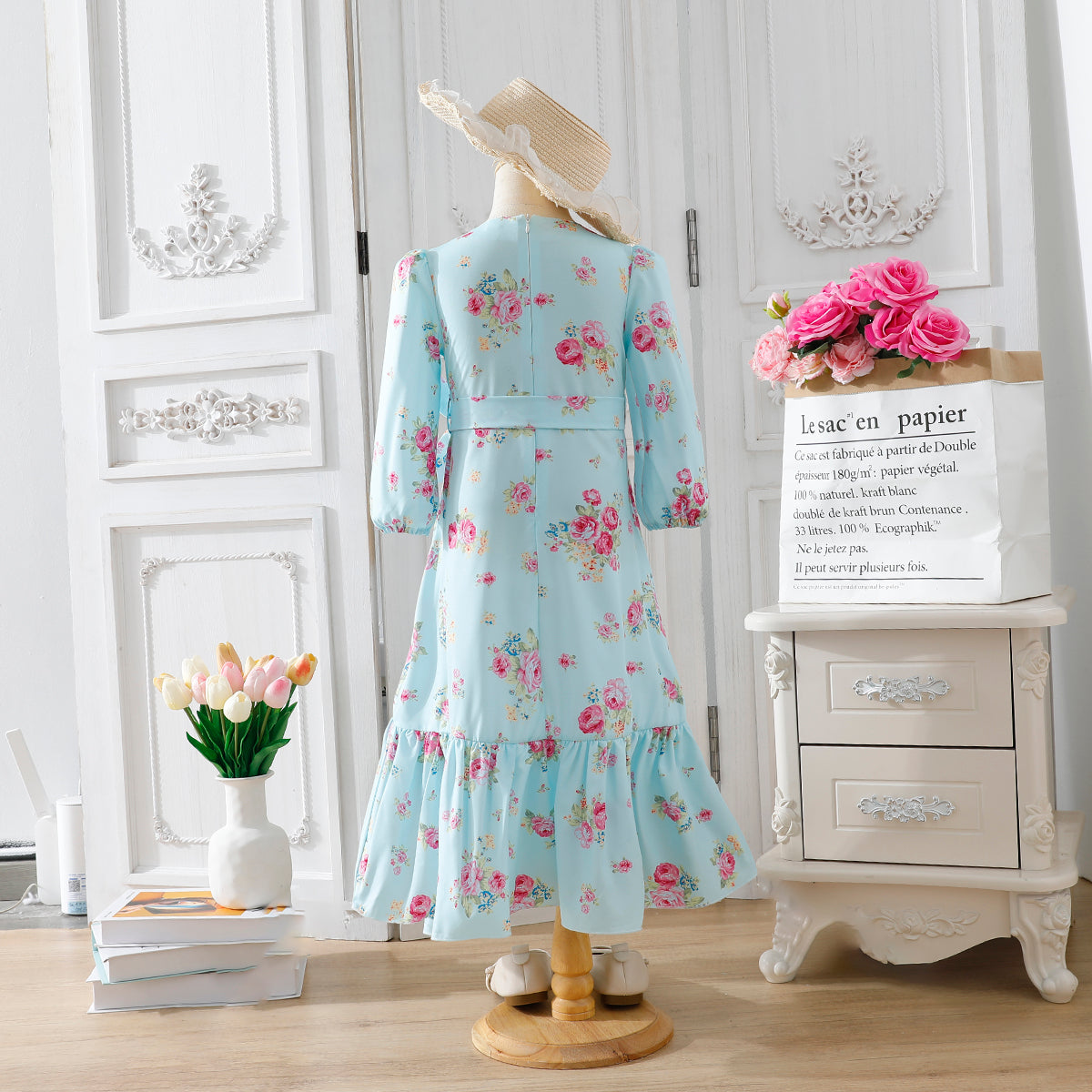 Girls' Pastel Blue Floral Maxi Dress with Waist Bow Wholesale