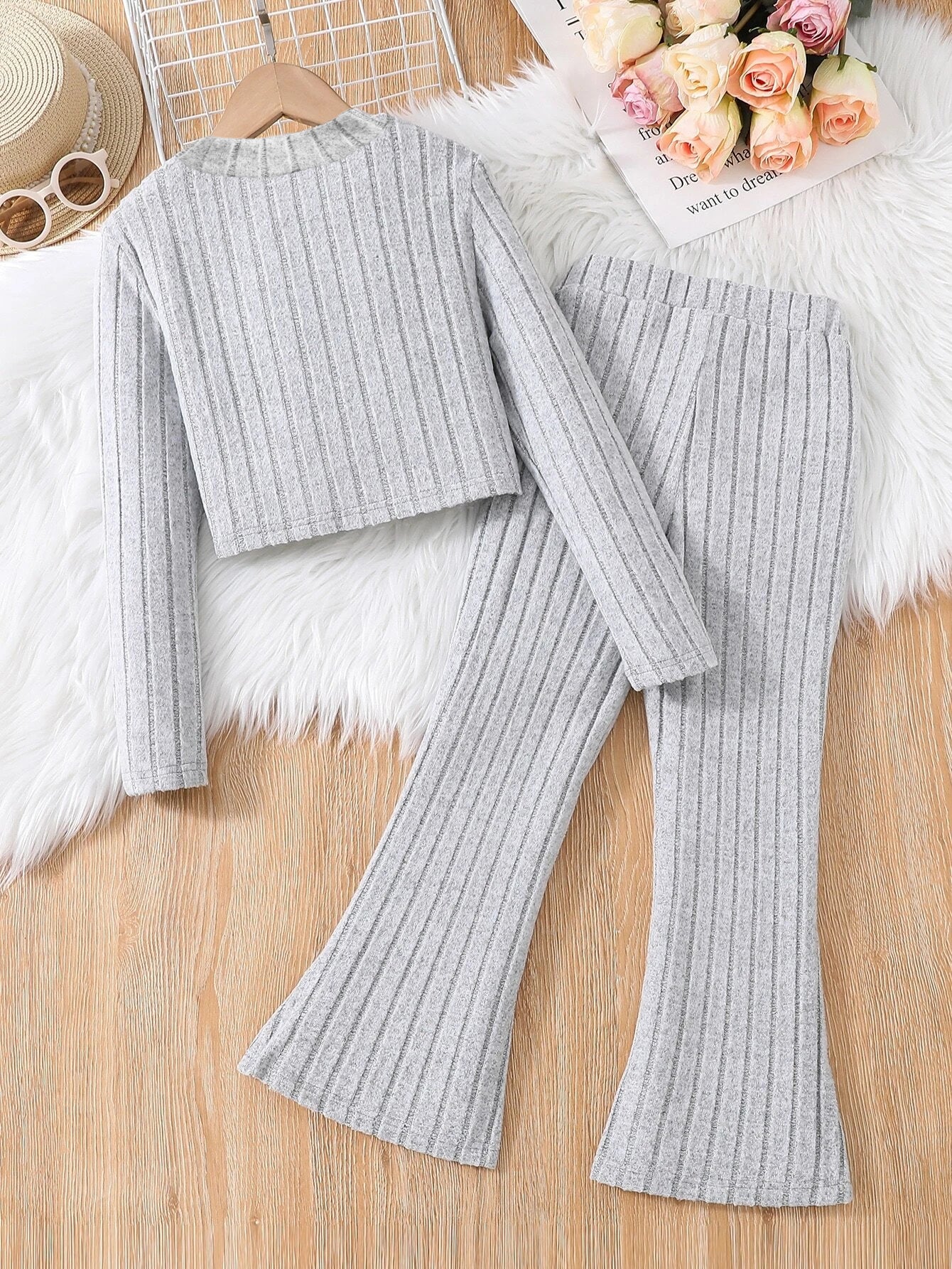 Girls' Cozy Ribbed Knit Two-Piece Set in Gray Wholesale