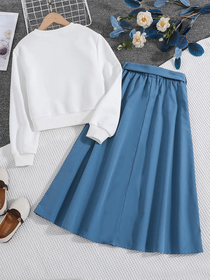 Girls' Sweatshirt and Buttoned A-Line Skirt Set Wholesale