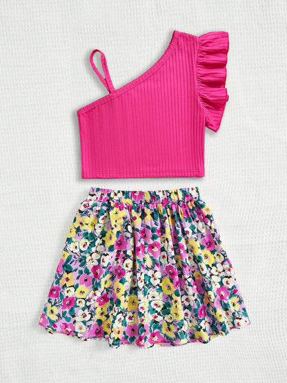 Girls' Floral Skirt and Hot Pink One-Shoulder Top Set Wholesale