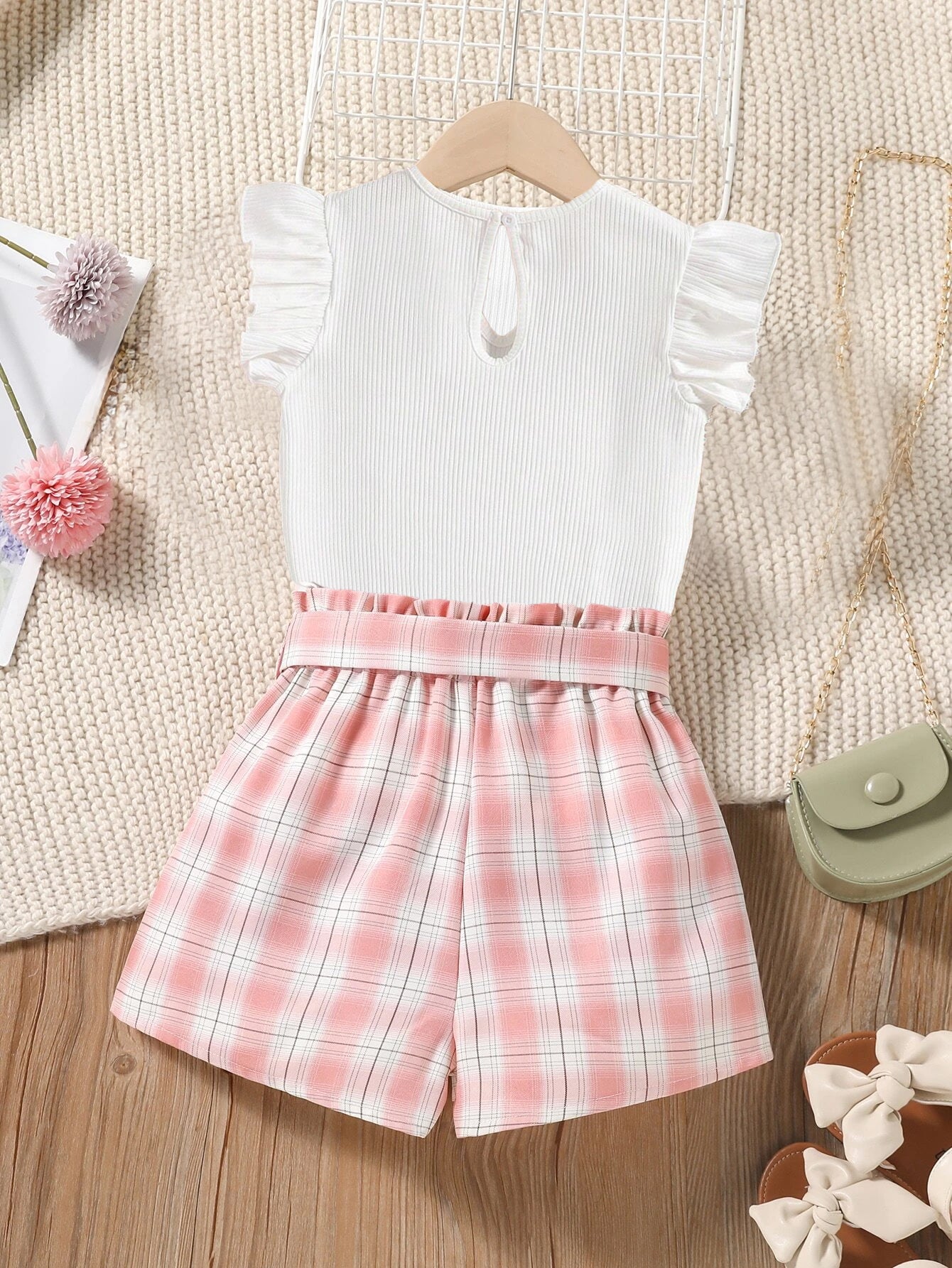 Girls' Ribbed Top & Plaid Shorts Summer Set Wholesale