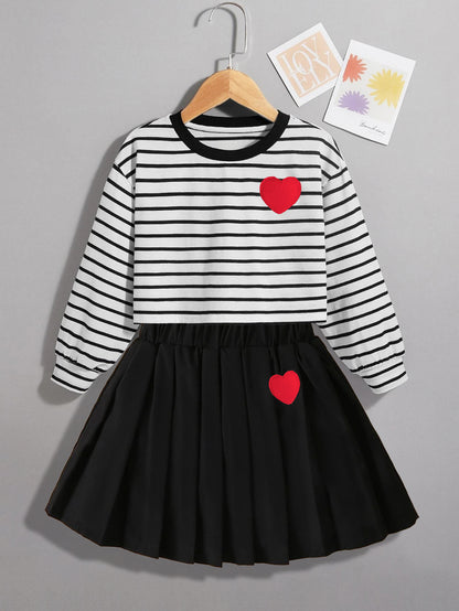 Girl’s Striped Top & Pleated Skirt Set with Heart Patches