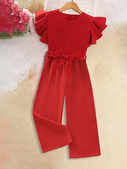 Girls' Ruffled Sleeve Red Jumpsuit with Waist Tie Wholesale