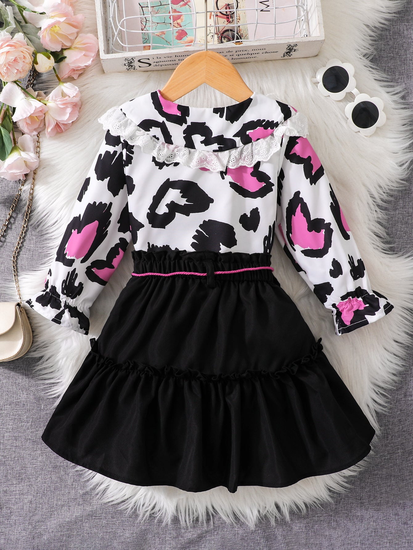 Girls' Leopard Print Top with Lace Collar and Black Skirt Wholesale