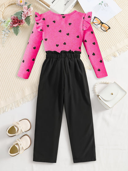 Girls' heart print top and straight-leg pants set Wholesale