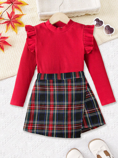 Girls' Red Ruffle Sleeve Plaid Dress Wholesale