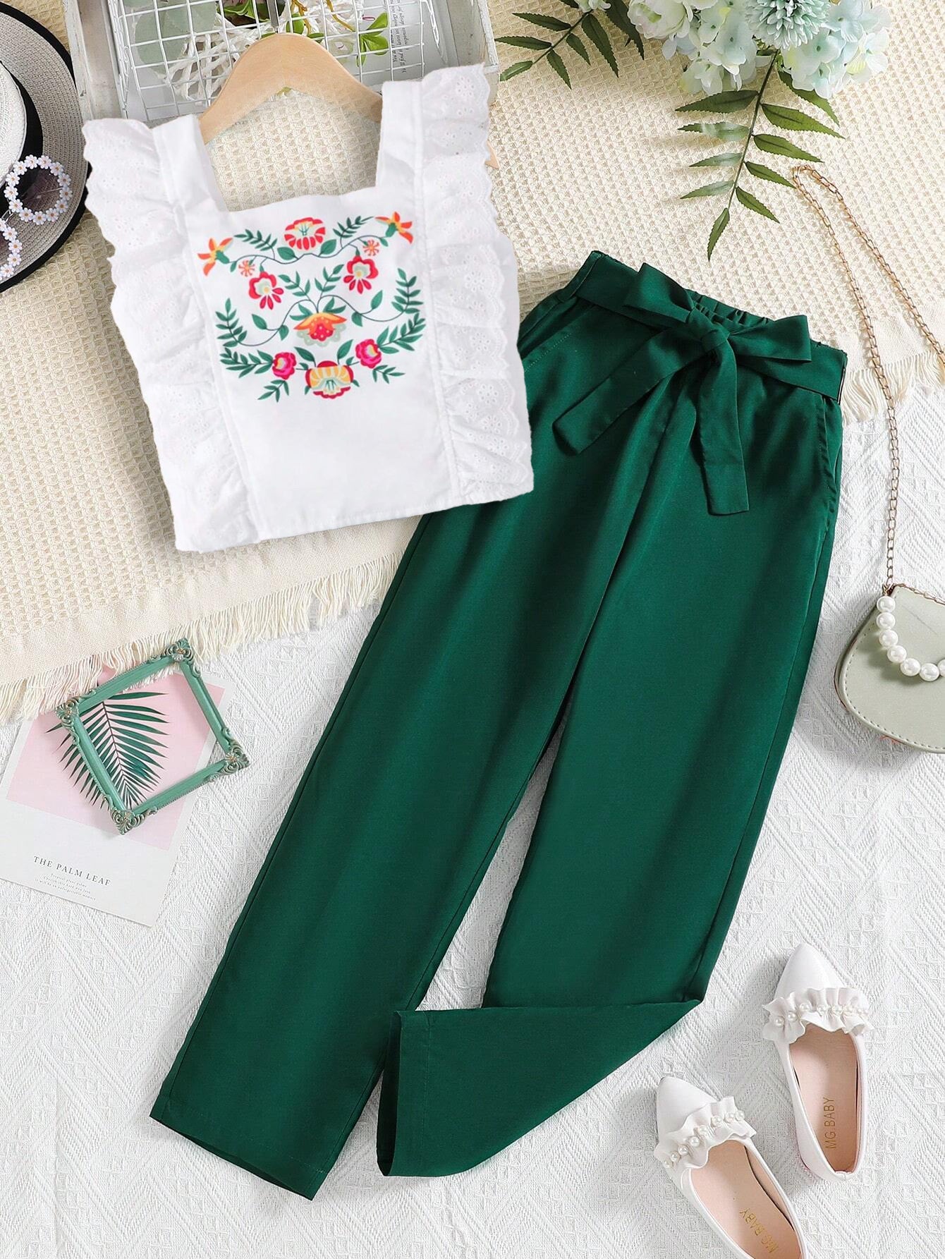 Girls' Floral Embroidered Ruffle Top & Green Tied-Waist Pants Set Wholesale