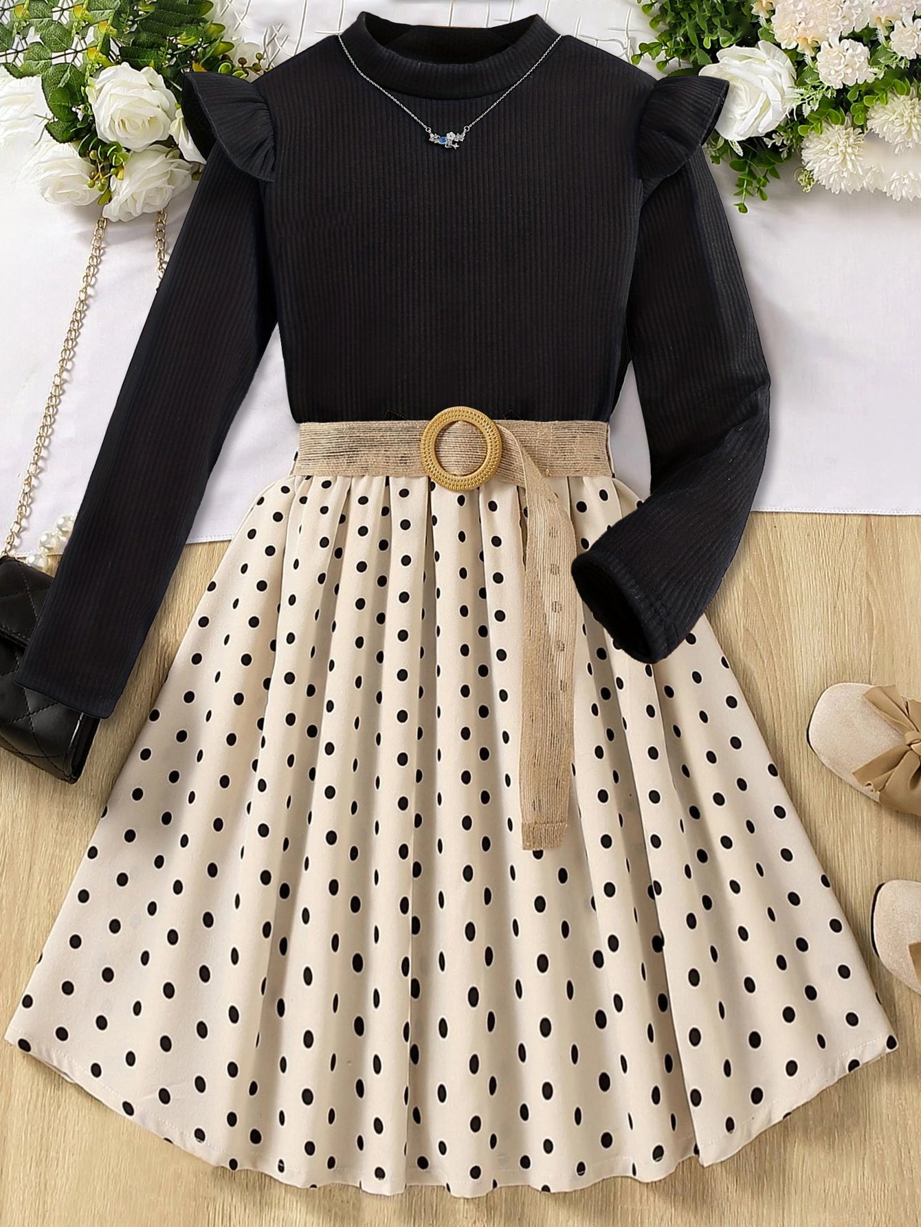 Girls' Ruffled Long Sleeve Polka Dot Dress with Belt Wholesale