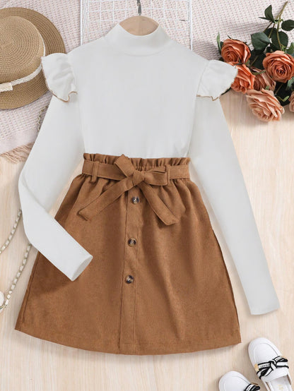 Girls' Ruffled Mock Neck Top & Button-Front Corduroy Skirt Set Wholesale