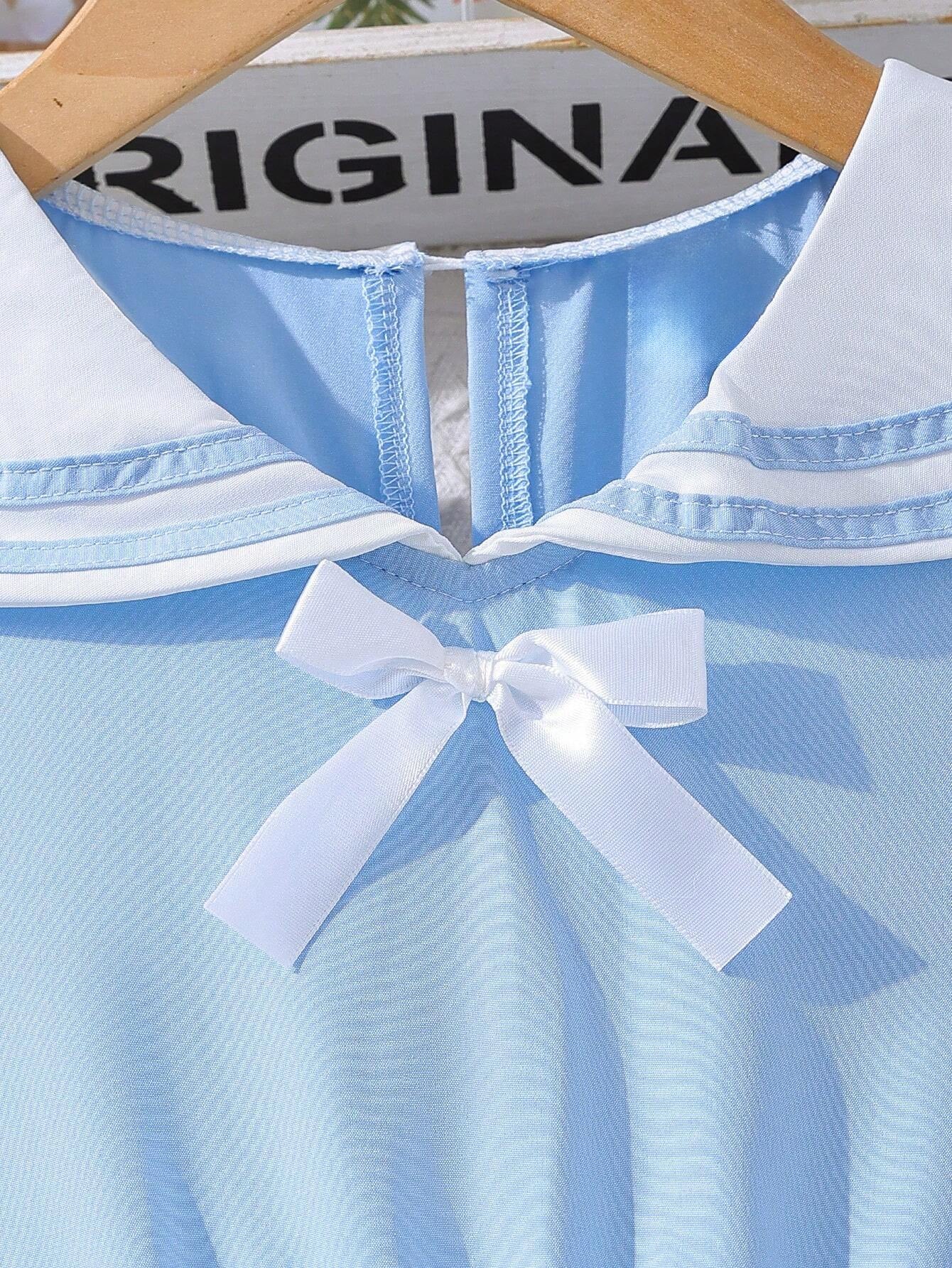 Elegant Girls' Light Blue Long-Sleeve Dress with Sailor Collar Wholesale