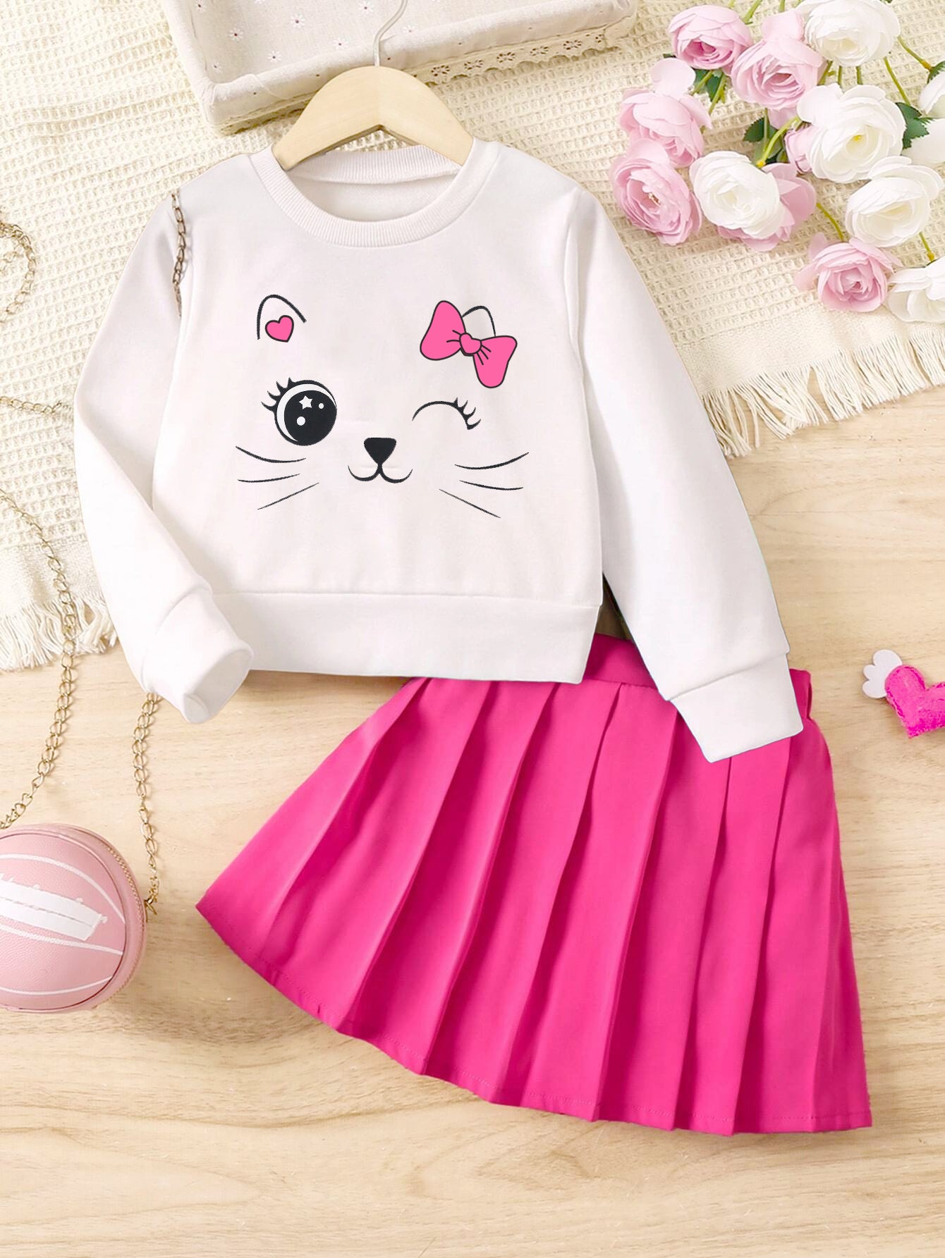 Girls' Cute Cat Graphic Sweatshirt & Pleated Skirt Set Wholesale