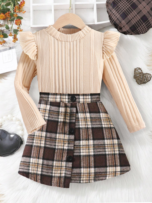 Girls Elegant Beige Ruffle Sleeve Top & Plaid A-Line Skirt Set Wholesale