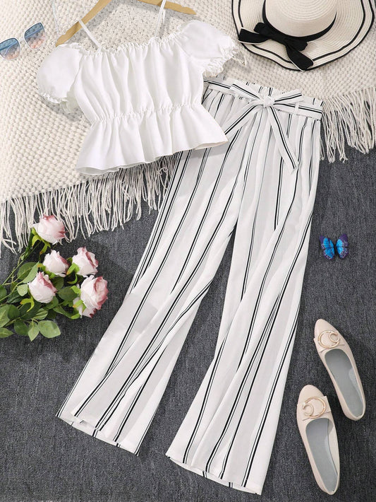 Girls'Off-Shoulder Peplum Top & Striped Wide-Leg Pants Set Wholesale