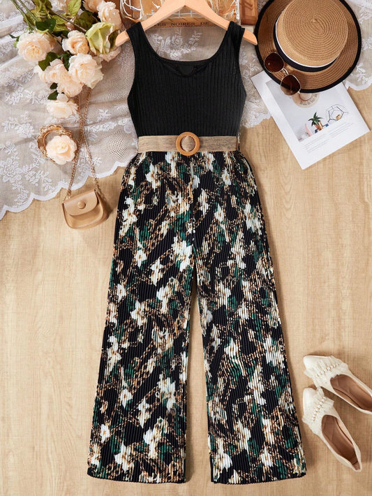 Girls' Sleeveless Top and Floral Pleated Wide-Leg Pants Set Wholesale