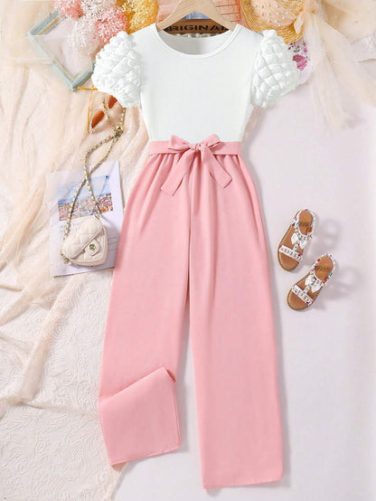 Girls' Puff Sleeve Top & High-Waisted Belted Pants Set Wholesale