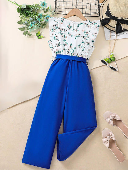 Girls' Floral Ruffle Sleeve Top & Royal Blue Wide-Leg Pants Set Wholesale