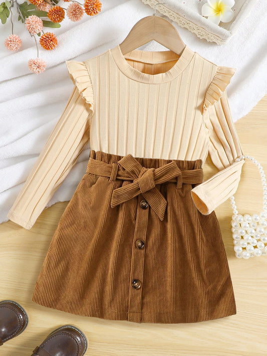 Girls' Ruffle Sleeve Ribbed Top & Corduroy Button Skirt Set Wholesale