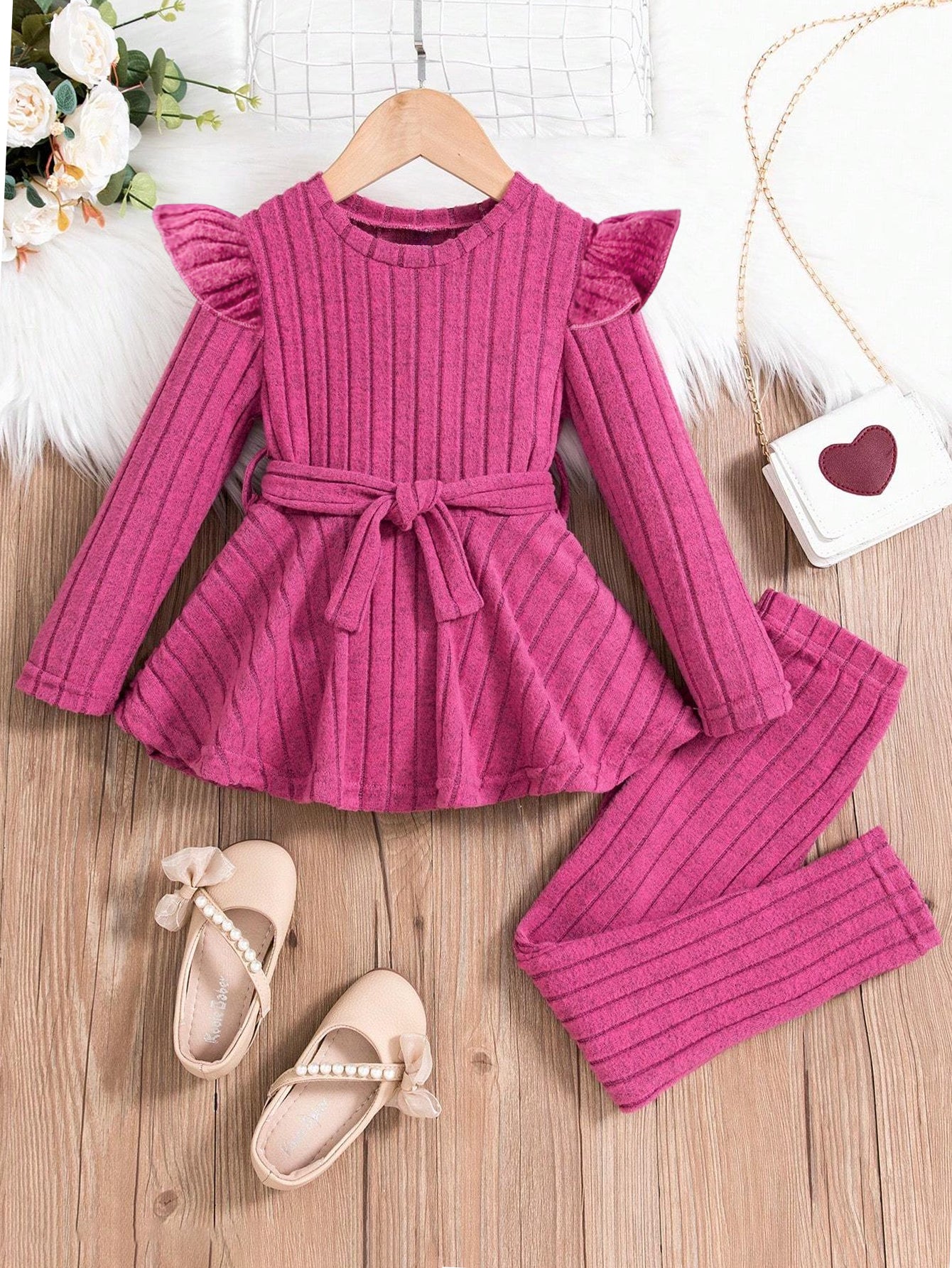 Ruffle Shoulder Ribbed Knit Peplum Top & Leggings Set for Girls Wholesale