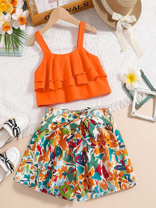 Girls' Tropical Ruffle Tank Top and Floral Shorts Set Wholesale