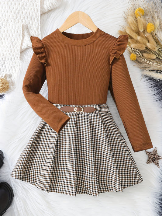 Girls' Brown Ruffled Ribbed Top & Houndstooth Skirt Dress with Belt Wholesale