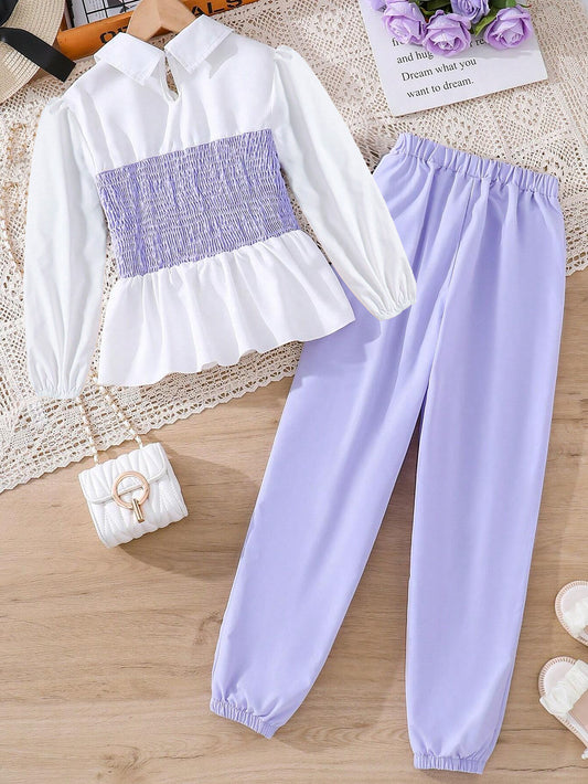 Girls' Smocked Peplum Blouse and Elastic Waist Pants Set Wholesale