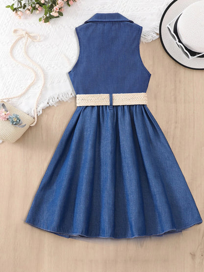 Girls' Sleeveless Faux Denim Dress with Woven Belt Wholesale