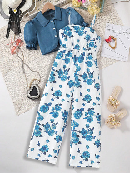 Girls' Blue Floral Jumpsuit & Tencel Linen Denim-Style Jacket Set Wholesale