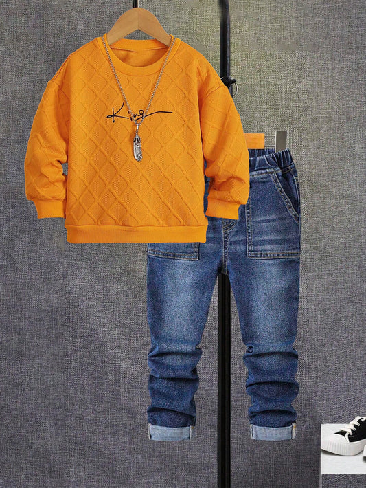 Boys' Quilted Sweatshirt & Denim Jeans Set Wholesale