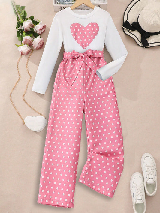 Girls' Heart Print Top & Pink Polka Dot Wide-Leg Pants Set Wholesale