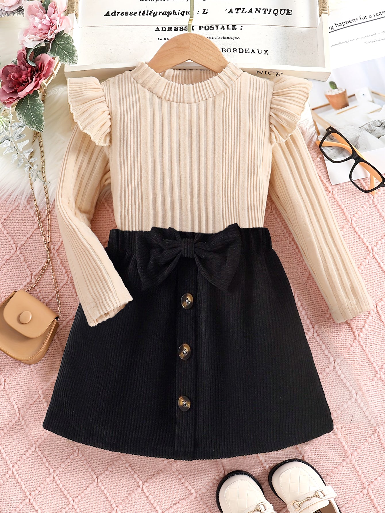 Ruffle Sleeve Ribbed Top & Buttoned Corduroy Skirt Set for Girls