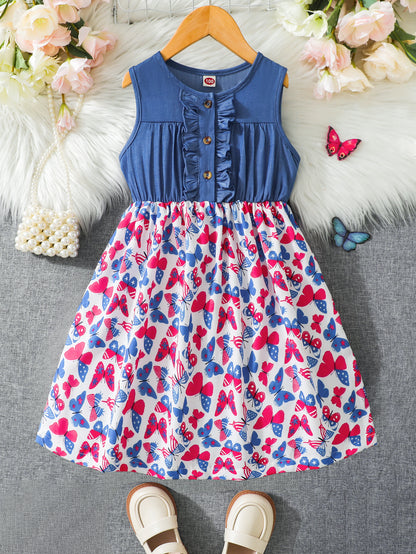 Girls' Sleeveless Denim-Style Butterfly Print Dress Wholesale