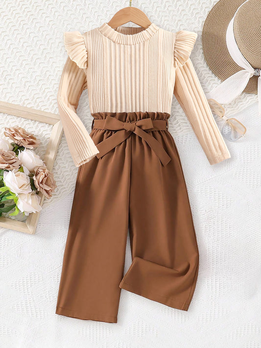 Girls' Ribbed Ruffle Sleeve Top & Brown Wide-Leg Pants Wholesale