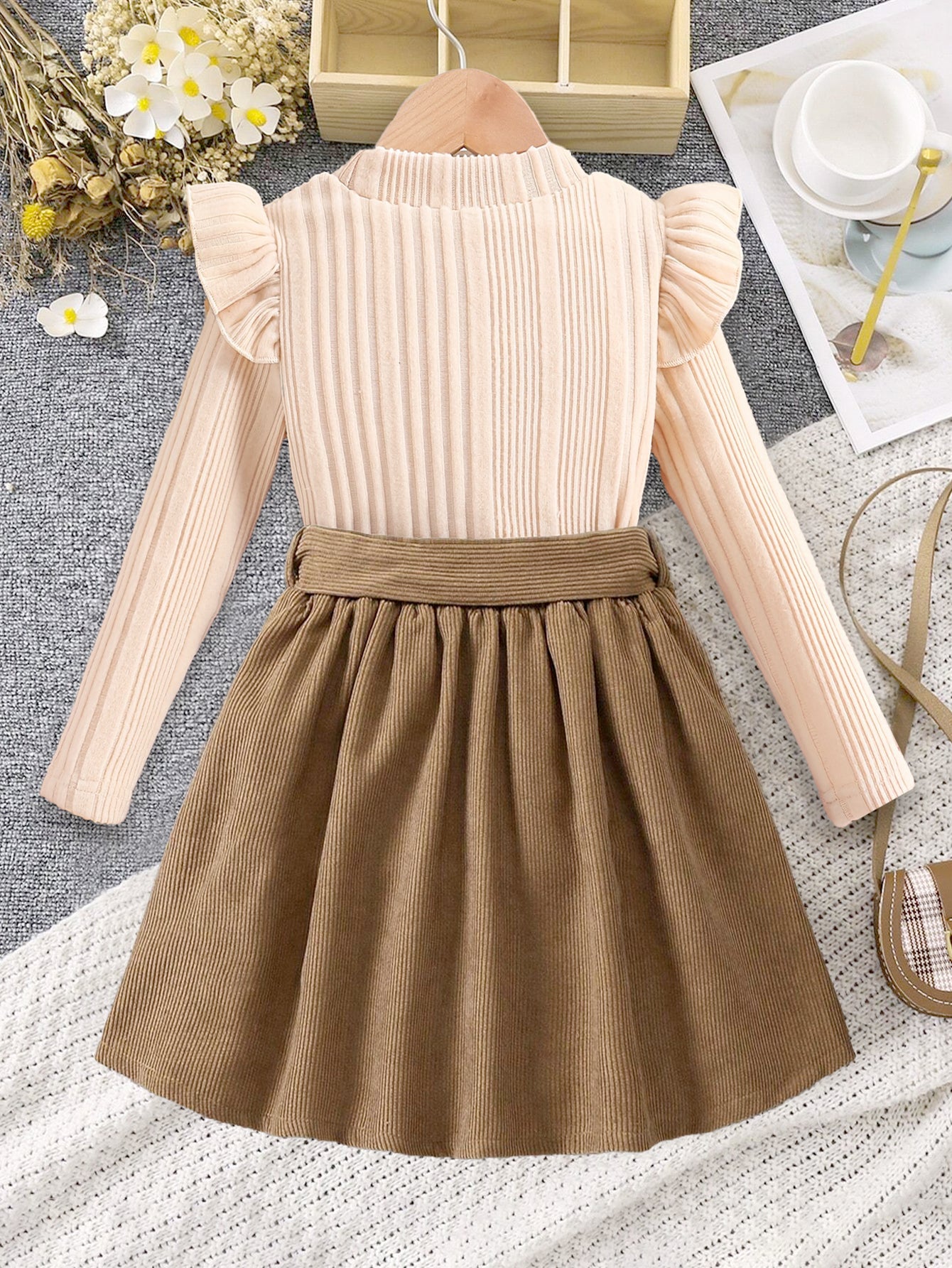 Girls' Ruffled Ribbed Top & Corduroy Skirt Dress with Bow Wholesale