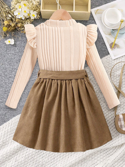 Girls' Ruffled Ribbed Top & Corduroy Skirt Dress with Bow Wholesale