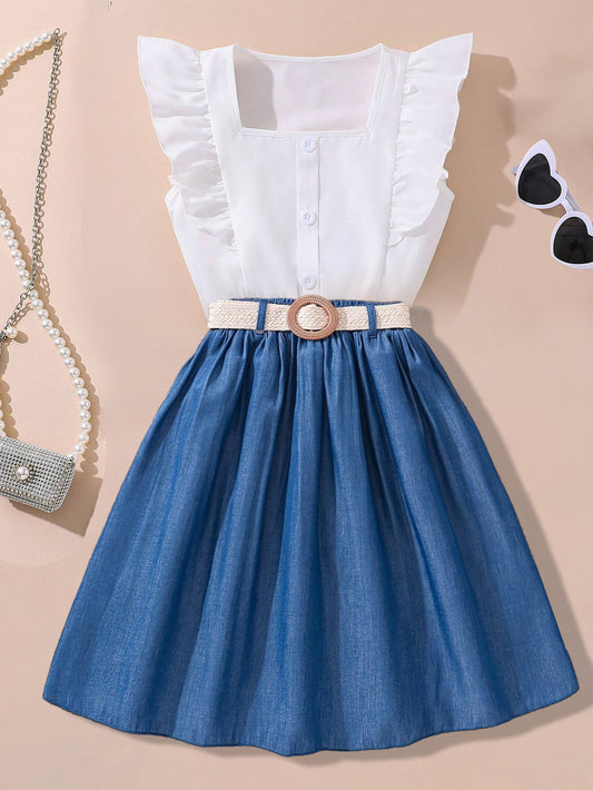 Ruffled Sleeveless Button-Down Top & Faux Denim Skirt Set Wholesale