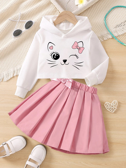 Girls' Cute Cat Hoodie & Pleated Skirt Set Wholesale