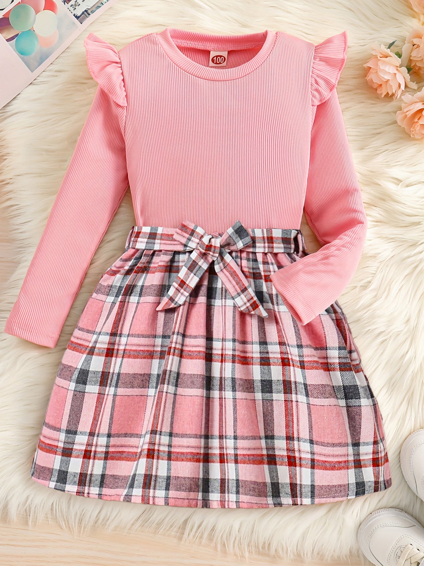 Girls' Pink Plaid Dress with Ruffle Sleeves - Long Sleeve Wholesale