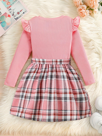 Girls' Pink Plaid Dress with Ruffle Sleeves - Long Sleeve Wholesale