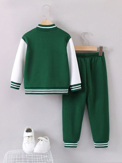 Kids Green and White Varsity Jacket Set with Letter 'K Wholesale