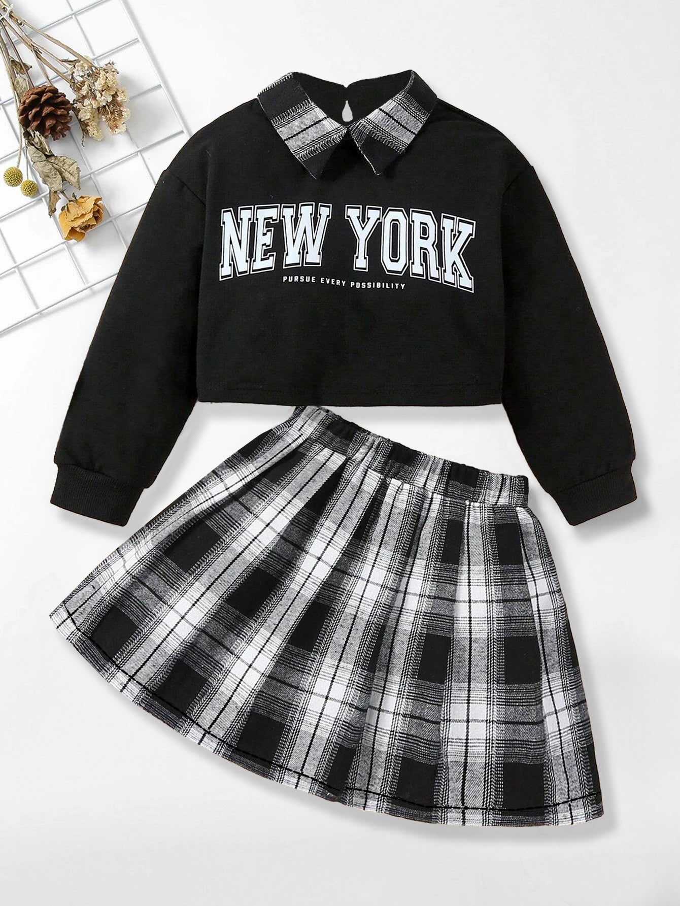 Girls' New York Plaid Collar Sweatshirt & Skirt Set Wholesale