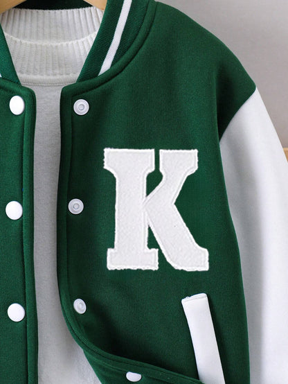 Kids Green and White Varsity Jacket Set with Letter 'K Wholesale