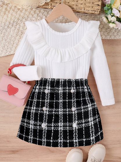 Sweet ruffle-trim long-sleeve top and knit skirt set Wholesale