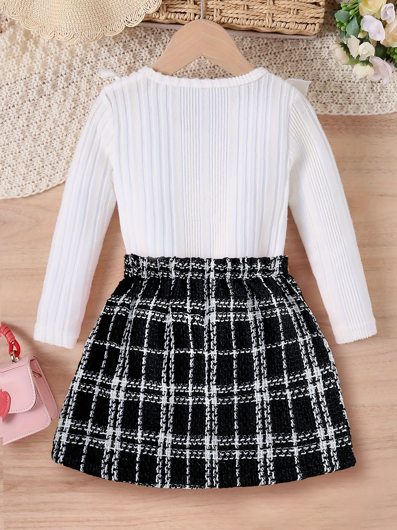 Sweet ruffle-trim long-sleeve top and knit skirt set Wholesale