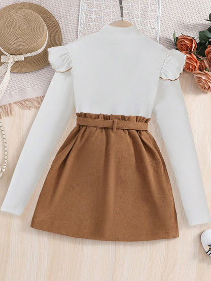 Girls' Ruffled Mock Neck Top & Button-Front Corduroy Skirt Set Wholesale