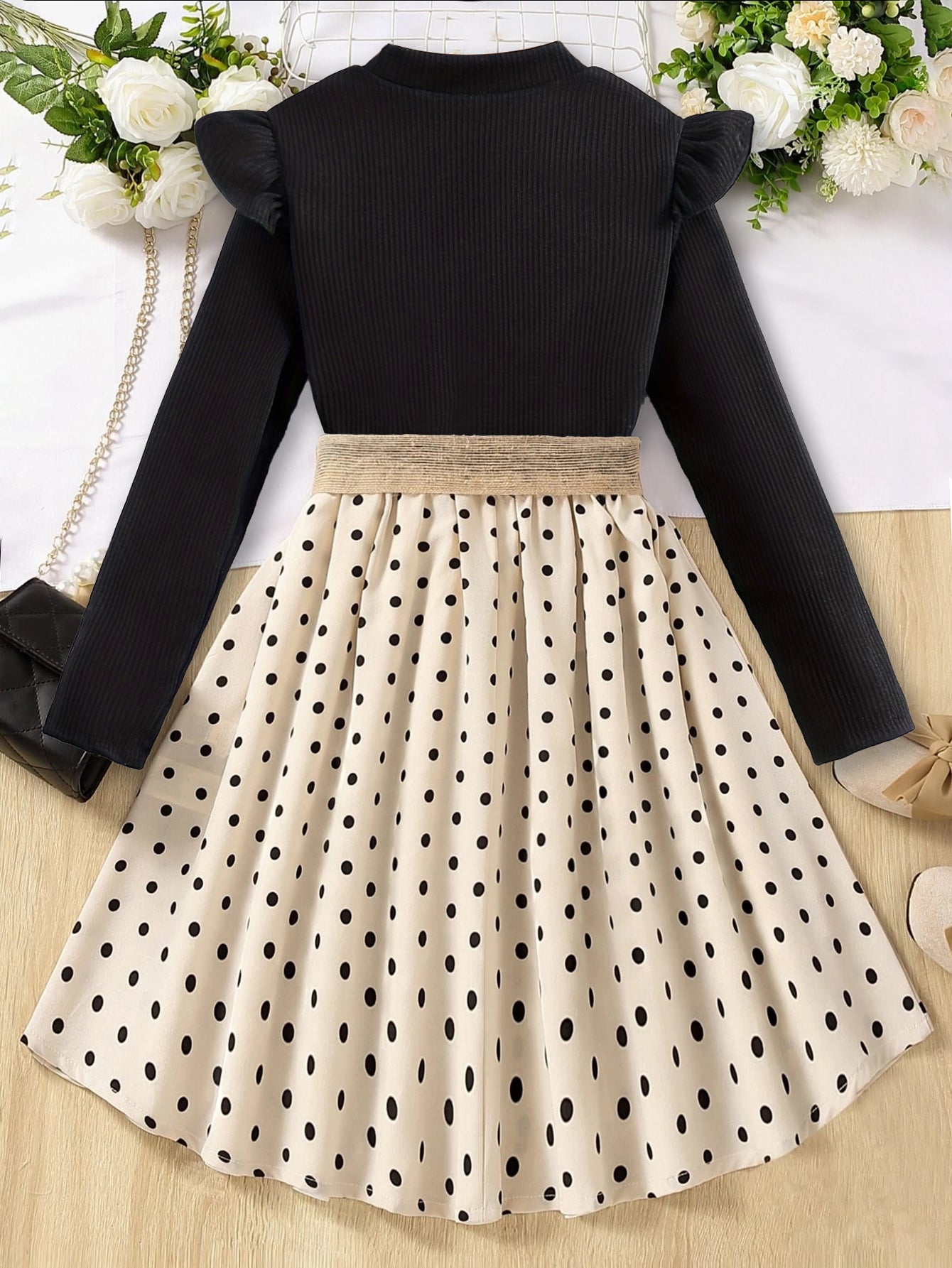 Girls' Ruffled Long Sleeve Polka Dot Dress with Belt Wholesale