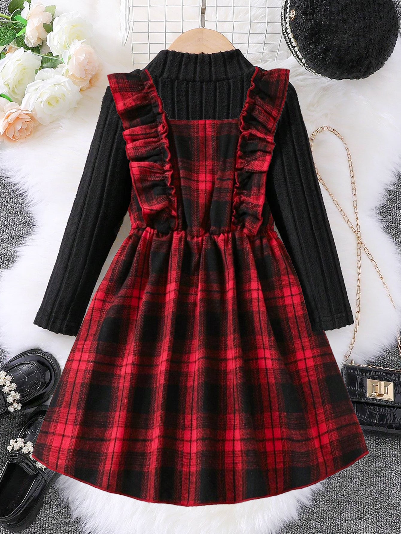 Girls' Red Plaid Ruffle Dress with Black Knit Top Wholesale