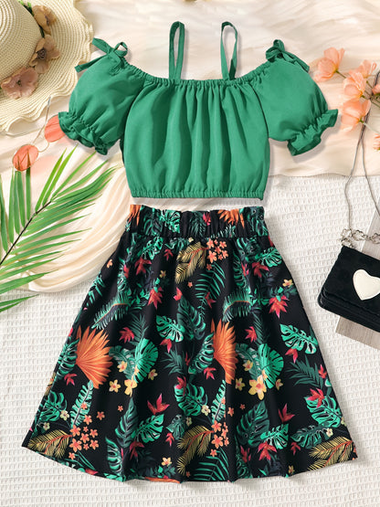 Girls' Off-Shoulder Crop Top & Tropical Floral Skirt Set Wholesale