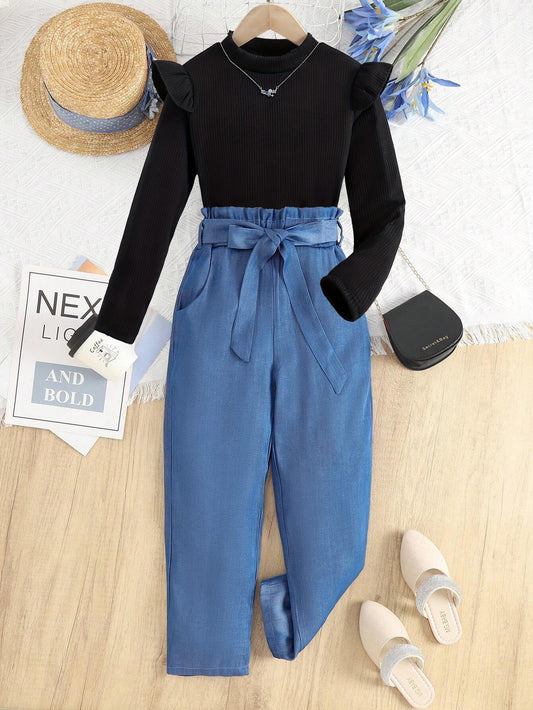 Girls' Ruffled Sleeve  Top & High-Waisted Denim Pants Set Wholesale